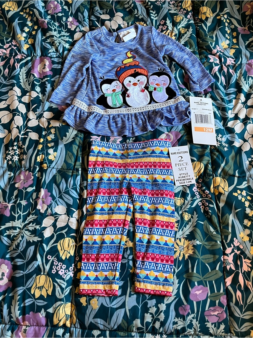 Rare Editions Purple Top with Penguin Appliqué and Leggings Size 12 Months NWT